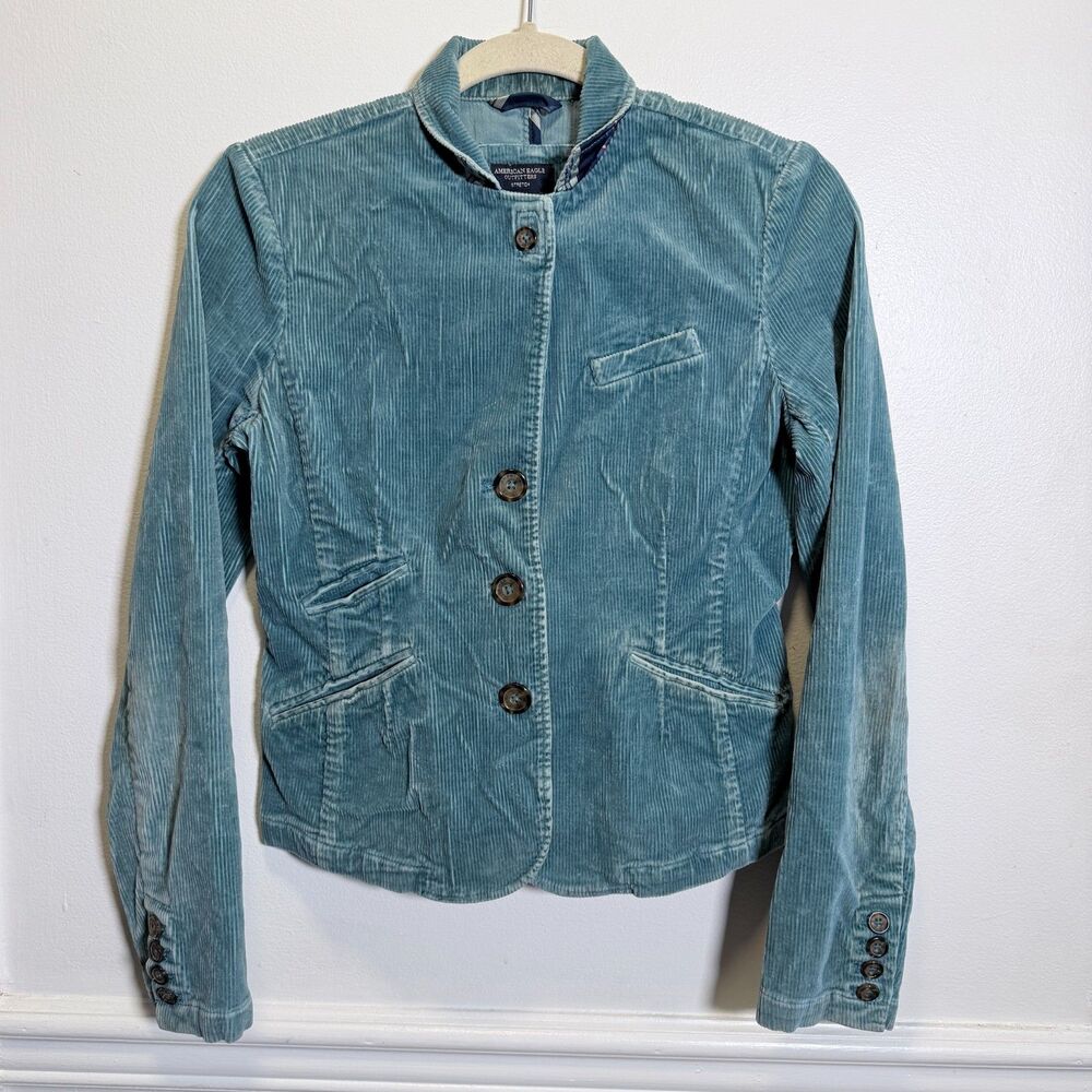 American Eagle Womens S Teal Corduroy Blazer Jacket Y2K Preppy Stretch Fitted